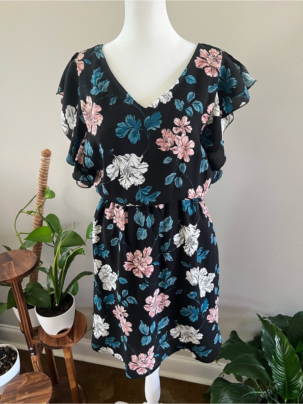 Merona Black Floral V-Neck Midi Dress with Pink & Teal Flowers